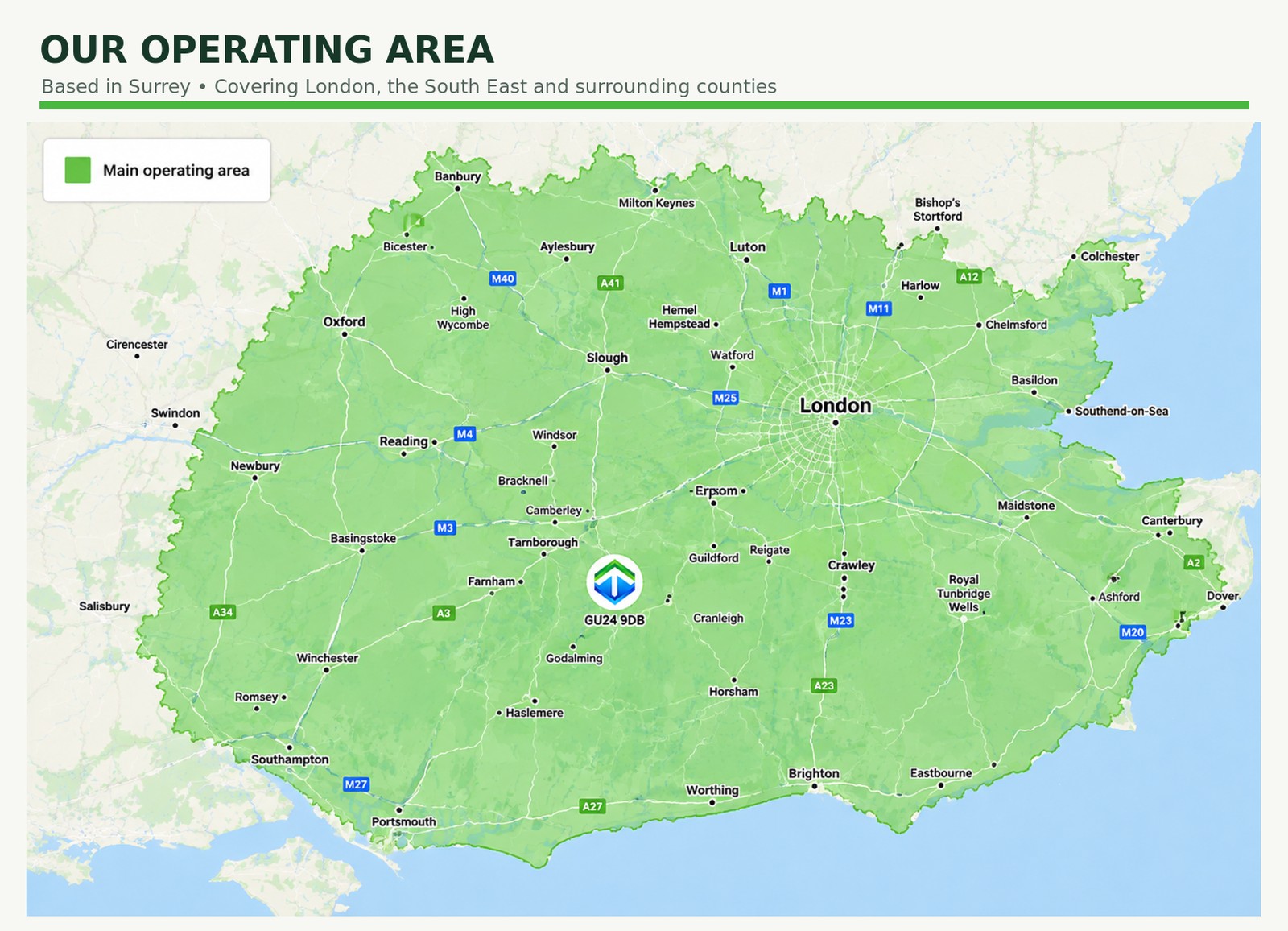 Map highlighting Tagg Construction's main operating area in green, spanning Surrey, London, and surrounding South East counties including Oxford, Reading, Guildford, Crawley, and Maidstone, with the company's Ottershaw base marked at postcode GU24 9DB